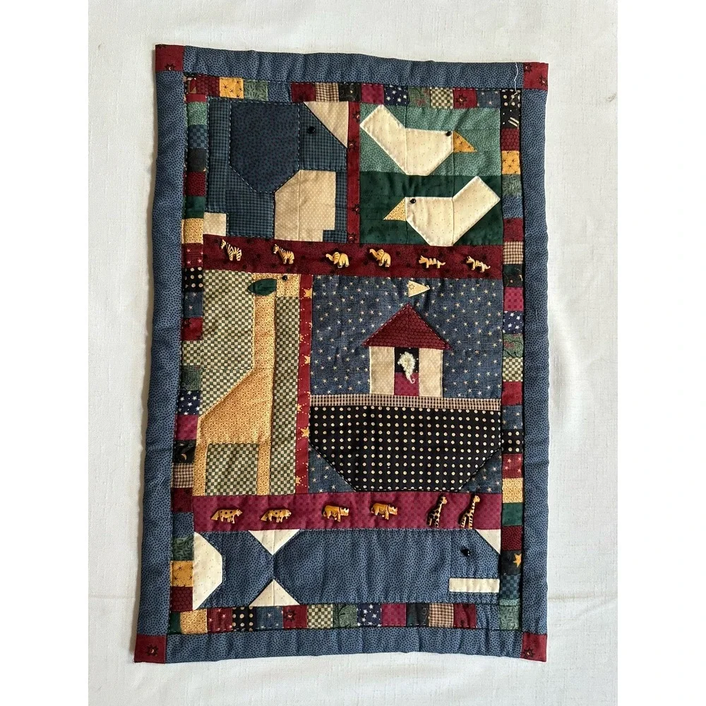 Vtg Folk Art Noahs Ark Mini Quilt 16x24 Wall Hanging Primitive Handmade